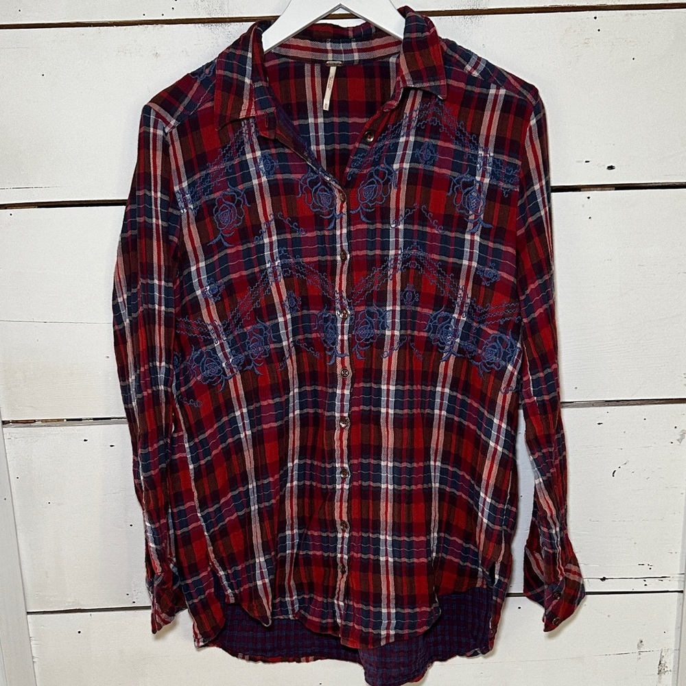 Free People Magical Ebroidered Button Down Red and Blue Plaid Shirt